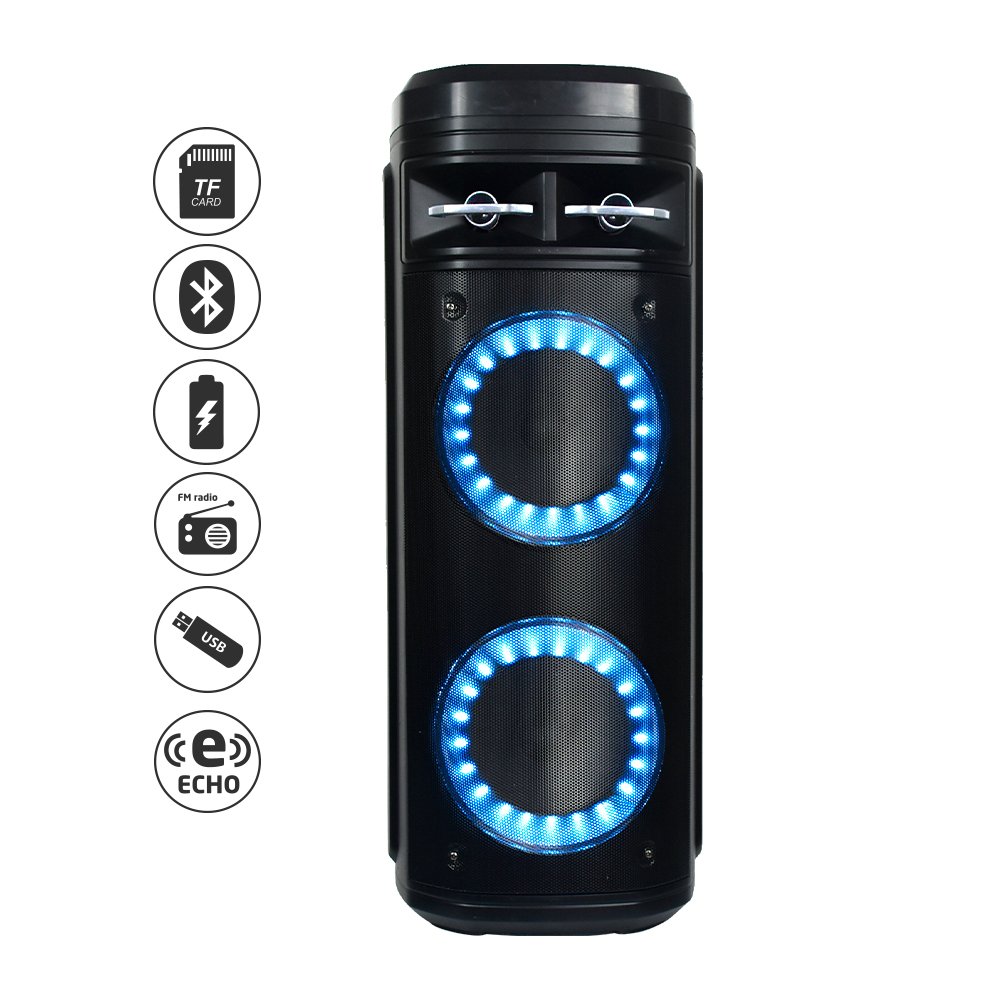 FIESTA-06 WEB FIESTA-07 Caja acústica activa 2*6 con BT, USB, TF, FM, Luces, batería recargable7.4V. 3000mah, 01 Micrófono inalámbrico de mano y 01 micrófono inalámbrico de vincha "POTTENZA" - Imagen 1