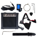 VZ-KITGUITAR KIT DE AMPLIFICADOR DE GUITARRA 15W, CABLE MONO, PEDESTAL PARA GUITARRA, CORREA, AFINADOR CROMATICO, SET DE CUERDAS, PLUMILLA, LLAVES, TREMOLO «VOZZEX»