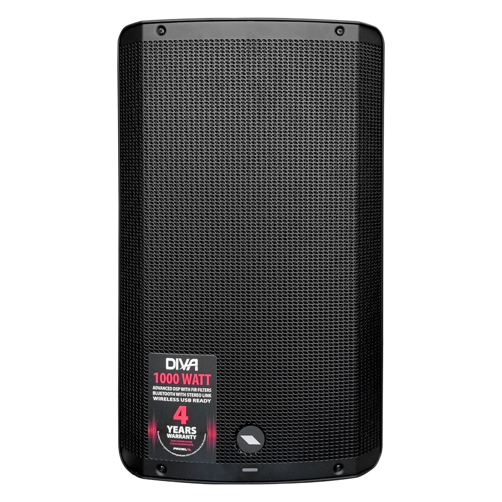 diva12a hd frente web DIVA12A CAJA ACÚSTICA ACTIVA 12” DRIVER 1” 1000W PEAK SPL: 127DB PEAK C/PANTALLA LCD, BLUETOOTH 5.0 (TWS) C/ 5 DSP PRESETS (MUSIC, LIVE, DJ, MONITOR, SPEECH), FILTRO FIR (POLIPROPILENO) EQ: 2 BANDAS - SISTEMA DE VUELO: 4XM10 "PROEL" - Imagen 1