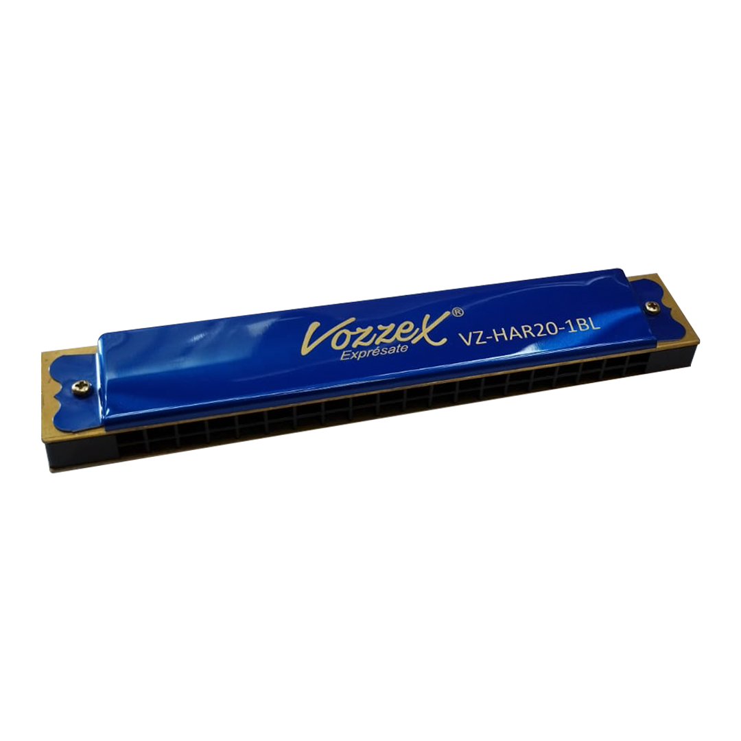 VZ-HAR20-1BL WEB VZ-HAR20-1BL ARMONICA D/ METAL INOXIDABLE - 20 AGUJEROS BLUE/GOLD C/ CASE (PROTECTOR) PLASTICO "VOZZEX" - Imagen 1