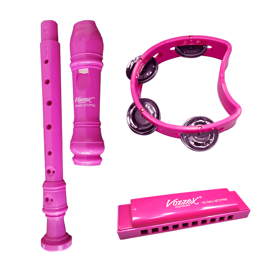 VZ-MU-SET-PNK WEB VZ-MU-SET/PNK SET DE INSTRUMENTOS MUSICALES P/NIÑOS (PANDERETA, FLAUTA Y ARMONICA) - ROSADO "VOZZEX" - Imagen 1