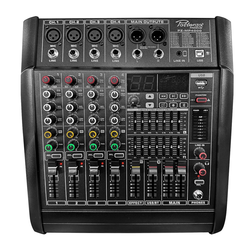 pz-mp4000BLTn-1-frente-web.jpg PZ-MP4000BLT(N) CONSOLA 4CH 2X170W C/USB, PHANTOM, BLUETOOTH, DOBLE ECUALIZADOR,INTERFACE PARA PC, AUX IN «POTTENZA» - Imagen 1